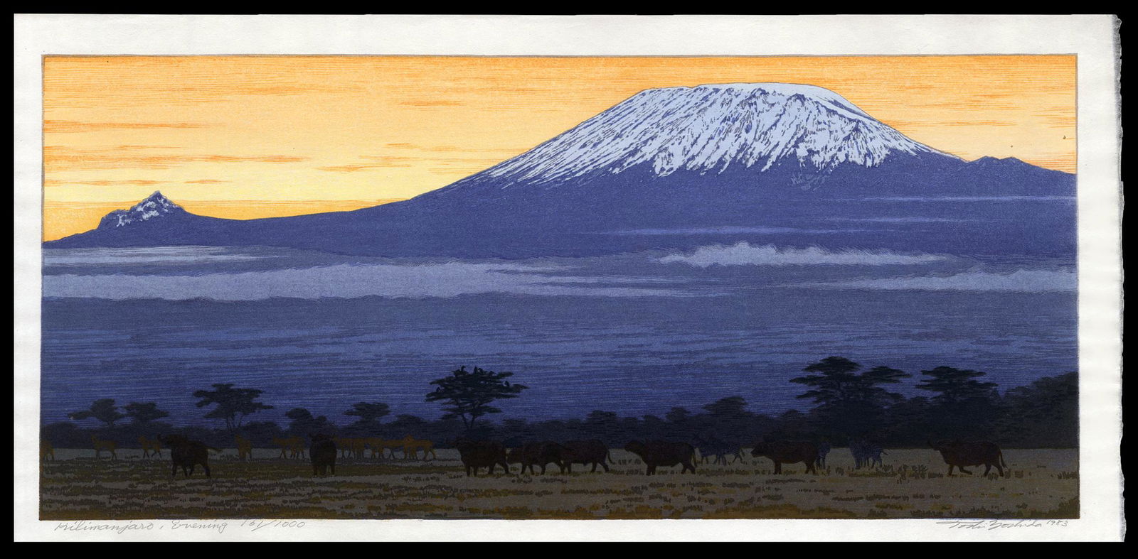 Toshi Yoshida Woodblock - Kilimanjaro - Evening: Artist: Yoshida, Toshi, 1911-1995 Title: Kilimanjaro - Evening Edition: 161/1000 Date: 1983 Medium: woodblock Image Size: 10 1/2 x 23 1/2 inches Notes: P