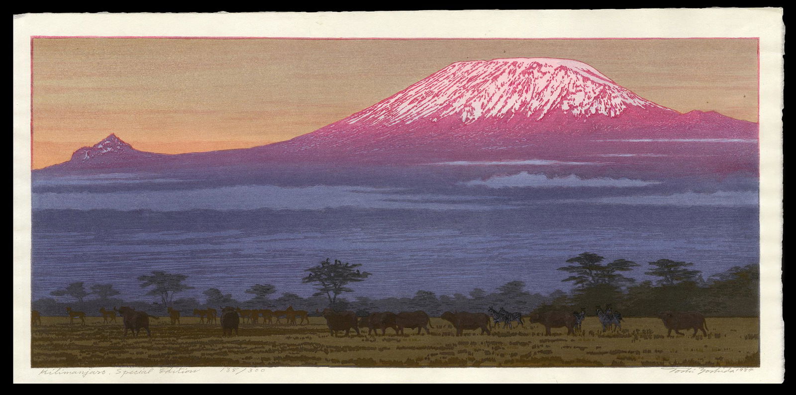 Toshi Yoshida Woodblock - Kilimanjaro: Artist: Yoshida, Toshi, 1911-1995 Title: Kilimanjaro Edition: Special Edition - 138/300 Date: 1984 Medium: woodblock Image Size: 10 5/8 x 23 5/8 inches Prove