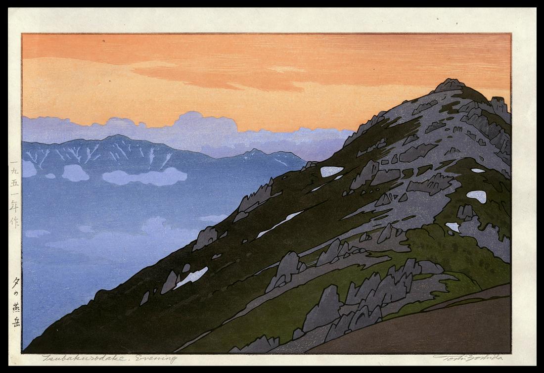 Toshi Yoshida Woodblock - Tsubakurodake, Evening: Artist: Yoshida, Toshi, 1911-1995 Title: Tsubakurodake, Evening Date: 1984 Medium: woodblock Image Size: 9 1/2 x 14 3/4 inches Notes: Pencil signature