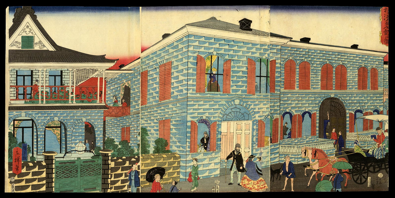 Hiroshige III Woodblock - Foreigners' Compound: Artist: Hiroshige III, Ando, 1843-1894 Title: Foreigners' Compound in Yokohama Date: c. 1860 Medium: woodblock Dimensions: 13 1/2 x 27 7/8 inches Notes: Dimensions show