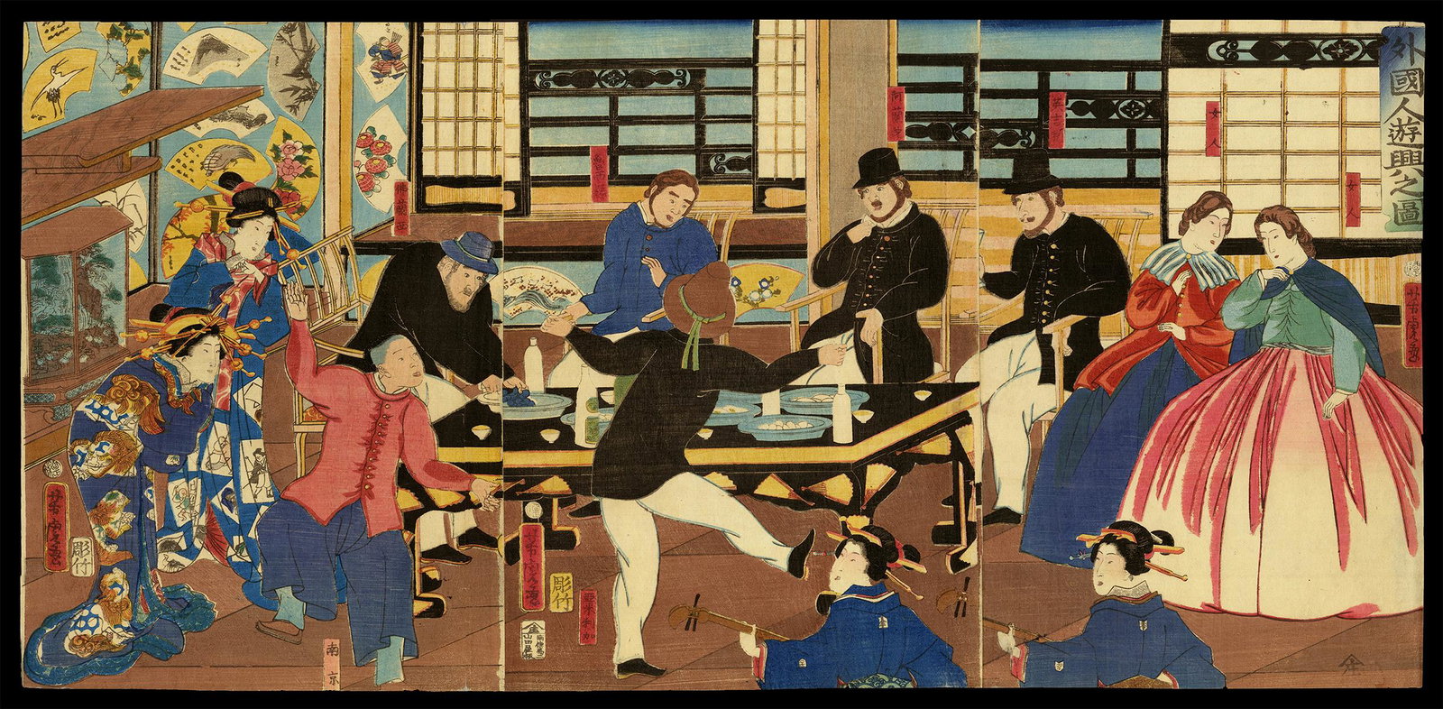 Yoshitora Woodblock - Foreigners Enjoying a Party: Artist: Yoshitora, Utagawa, fl. 1850-1880 Title: Foreigners Enjoying a Party Date: 1861 Medium: woodblock Dimensions: 13 3/4 x 28 3/8 inches Notes: Dimensions shown are