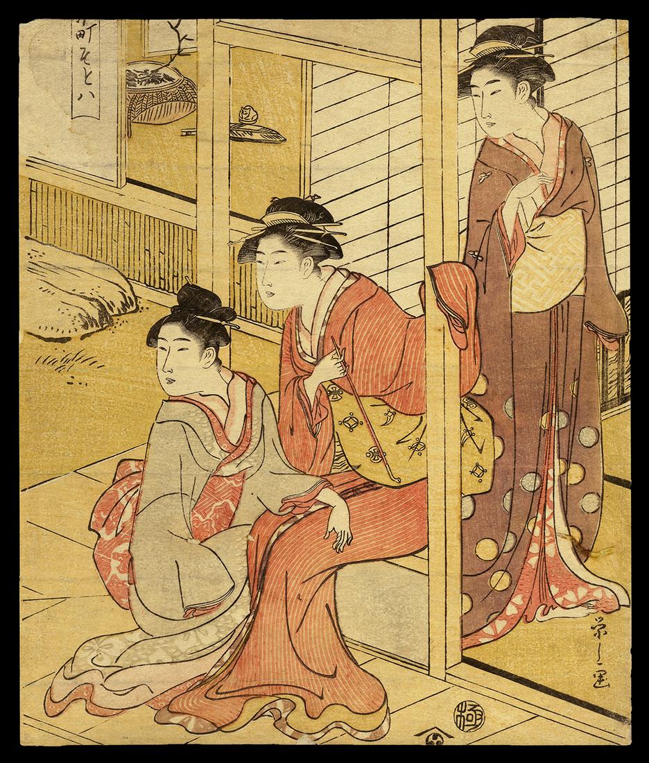 Hosoda Eishi Woodblock - Beauties on Veranda: Artist: Eishi, Hosoda, 1756-1829 Title: Beauties on Veranda Date: c. 1780 Medium: woodblock Dimensions: 8 1/2 x 7 3/8 inches