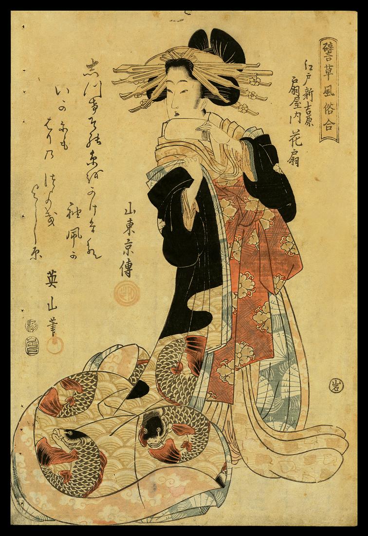 Kikugawa Eizan Woodblock - Hanaogi of the Ogiya: Artist: Eizan, Kikugawa, 1787-1867 Title: Hanaogi of the Ogiya, in the Shin Yoshiwara in Edo Series: Comparisons of Representative Customs Date: 1812 Medium: woodblock Dime