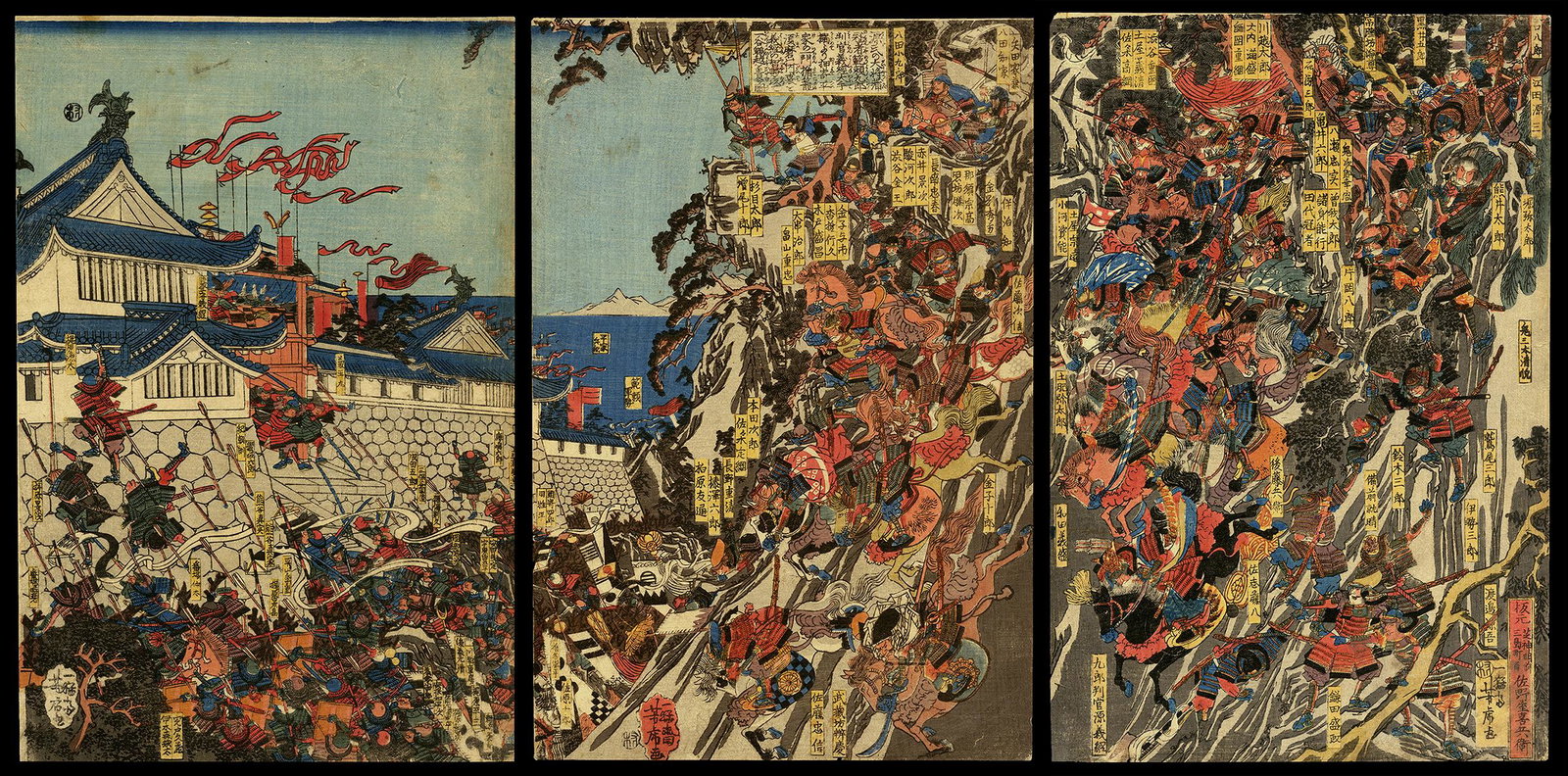 Yoshitora Woodblock - Yoshitsune's Downhill Charge: Artist: Yoshitora, Utagawa, fl. 1850-1880 Title: Yoshitsune's Downhill Charge at Hiyodorigoe in the Battle of Ichinotani Date: c. 1843-47 Medium: woodblock Dimensions: 14 7/8 x 29 7/8