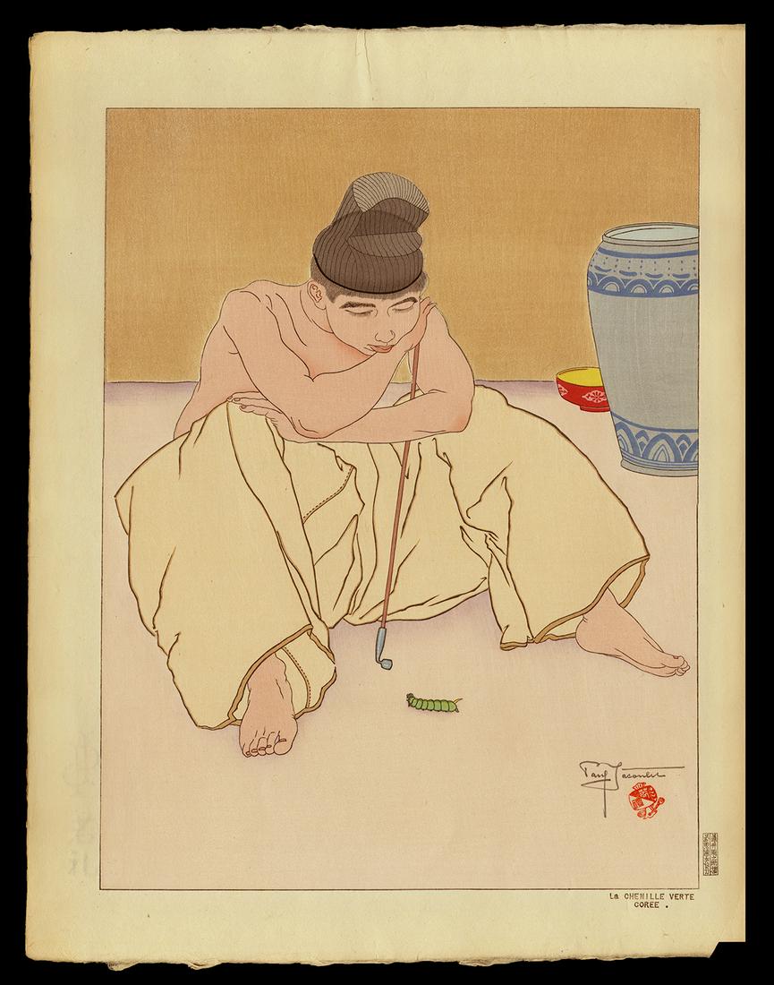 Paul Jacoulet Woodblock - La Chenille Vert - Coree: Artist: Jacoulet, Paul, 1902-1960 Title: La Chenille Vert - Coree Edition: 12/150 Date: 1936 Medium: woodblock Dimensions: 15 1/2 x 11 3/4 inches Illustrated