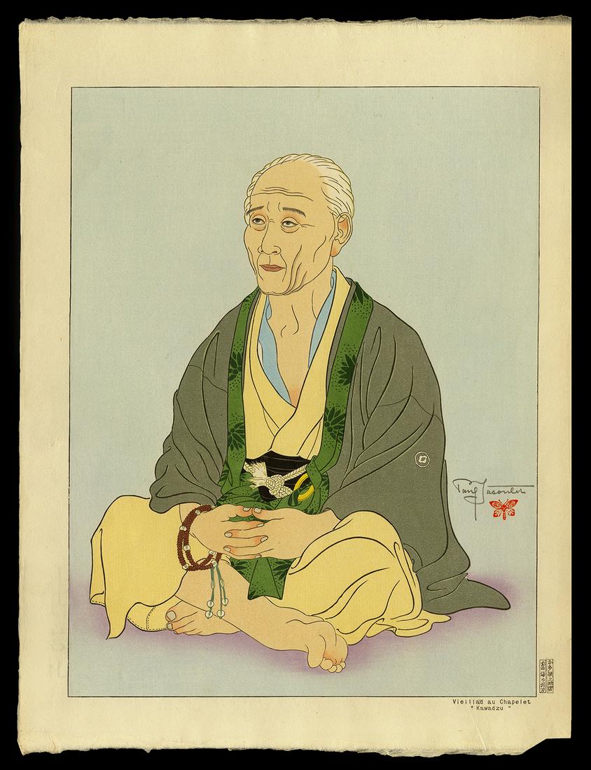 Jacoulet Woodblock - Vieillard au Chapelet, Kawadzu: Artist: Jacoulet, Paul, 1902-1960 Title: Vieillard au Chapelet, Kawadzu Edition: Kanji Editon of 150 Date: 1940 Medium: woodblock Dimensions: 15 3/8 x 11 7/8 inches