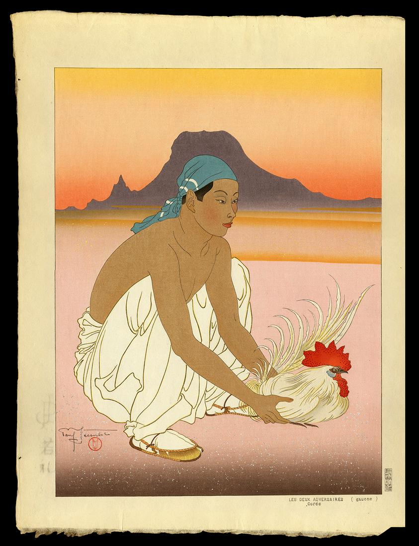 Jacoulet Woodblock - Le Deux Adversaires (Gauche): Artist: Jacoulet, Paul, 1902-1960 Title: Le Deux Adversaires (Gauche). Coree Edition: 98/350 Date: 1950 Medium: woodblock Dimensions: 15 3/8 x 11 5/8 inches