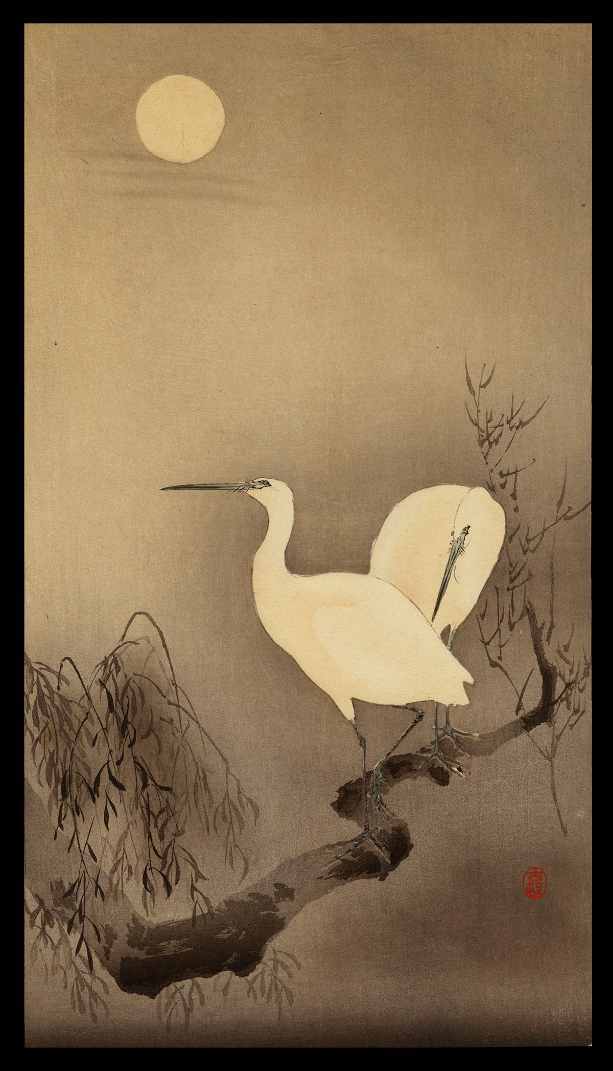 Ohara Koson Woodblock - Two Little Egrets on a Branch: Artist: Koson, Ohara, 1877-1945 Title: Two Little Egrets on a Branch, a Full Moon Above Date: c. 1910 Medium: woodblock Dimensions: 13 1/4 x 7 1/4 inches Illustrated: