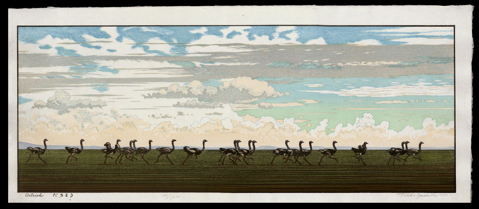 Toshi Yoshida Woodblock - Ostrich: Artist: Yoshida, Toshi, 1911-1995 Title: Ostrich Edition: 148/1200 Date: 1984 Medium: woodblock Dimensions: 9 x 23 3/8 inches Notes: Raised seal edition;