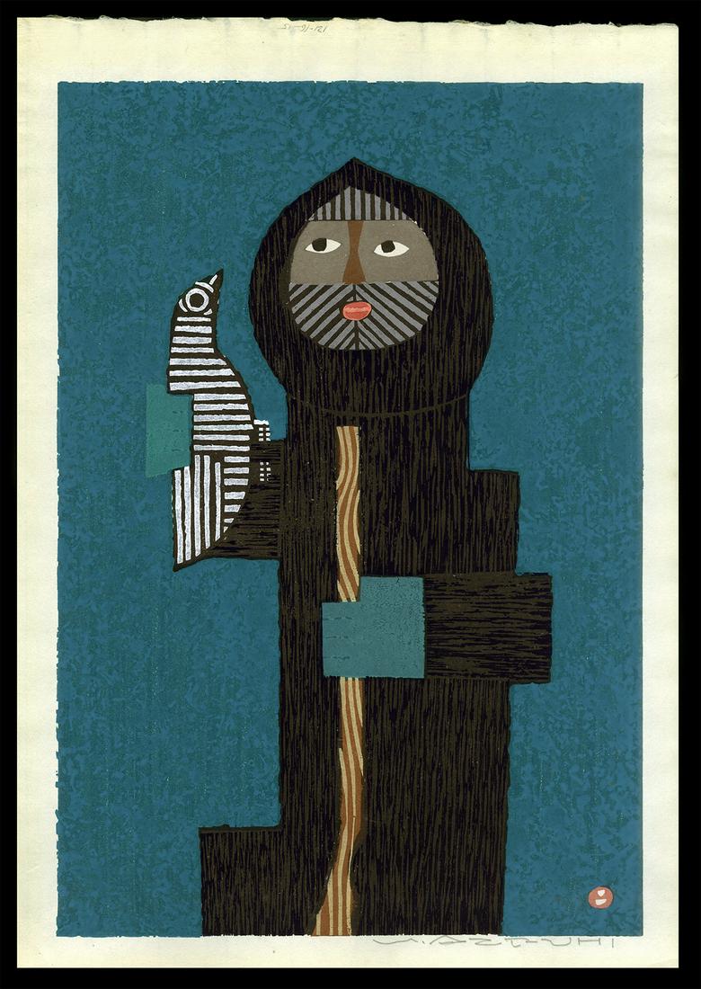 Umetaro Azechi Woodblock - Man with Bird: Artist: Azechi, Umetaro, 1902-1999 Title: Man with Bird Date: undated Medium: woodblock Dimensions: 15 1/4 x 10 1/2 inches Notes: Pencil signed
