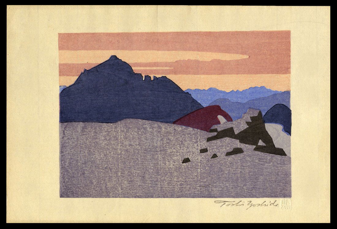Toshi Yoshida Woodblock - Tsubakurodake: Artist: Yoshida, Toshi, 1911-1995 Title: Tsubakurodake Date: 1951 Medium: woodblock Dimensions: 5 x 7 inches Notes: Block signature and embossed seal, indicating that t