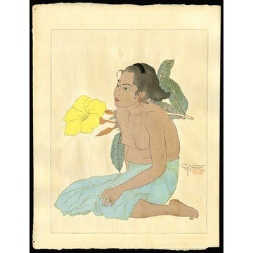 Paul Jacoulet Woodblock: Title: Jeune Fille de Saipan et Fleurs D'Hibiscus. "Marianes" Artist: Jacoulet, Paul, 1902-1960