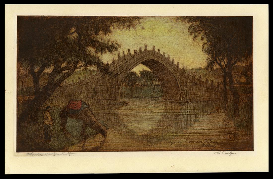 Charles W. Bartlett Etching - Bridge in Summer Palace: Artist: Bartlett, Charles W., 1860-1940 Title: Bridge in Summer Palace, Peking II Date: c. 1923-27 Medium: etching, hand-colored with watercolor Dimensions: 7 1/4 x 12 3/8 inches <