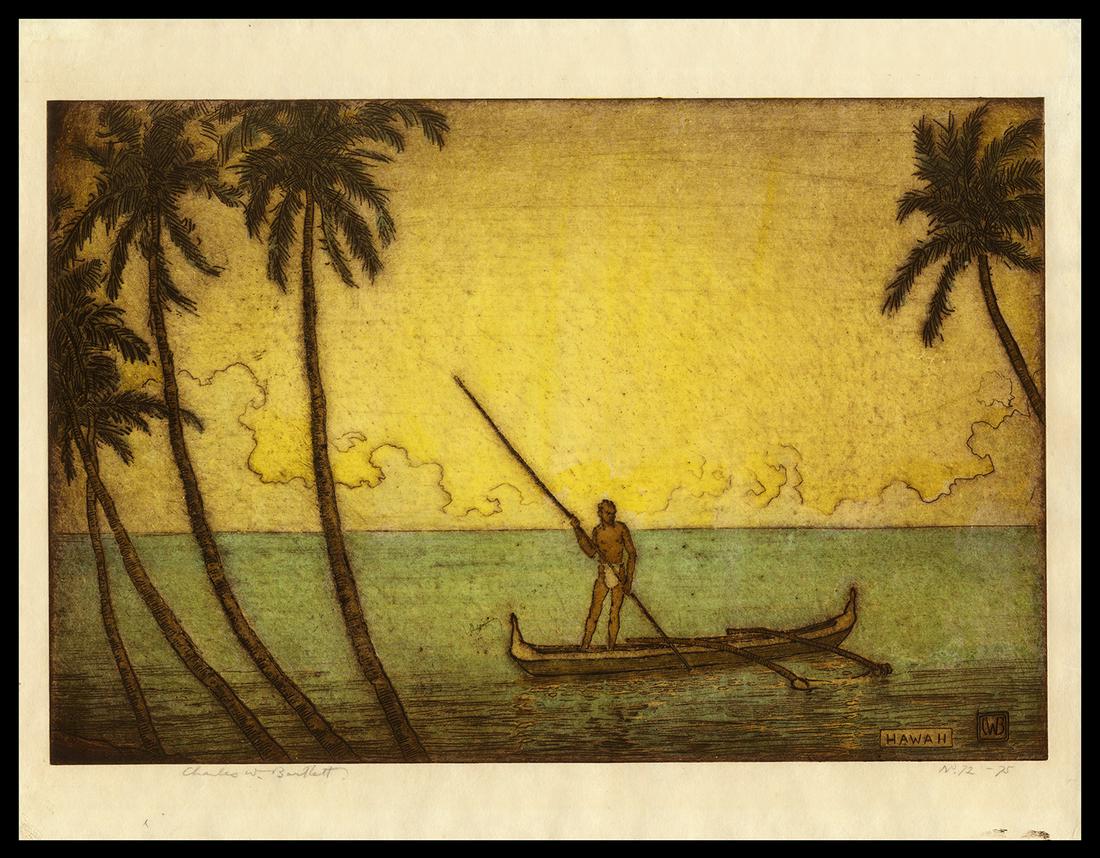 Charles W. Bartlett Etching - Hawaii: Artist: Bartlett, Charles W., 1860-1940 Title: Hawaii Edition: 72/75 Date: c. 1923-27 Medium: hand colored etching Dimensions: 7 3/4 x 11 5/8 inches Illustra