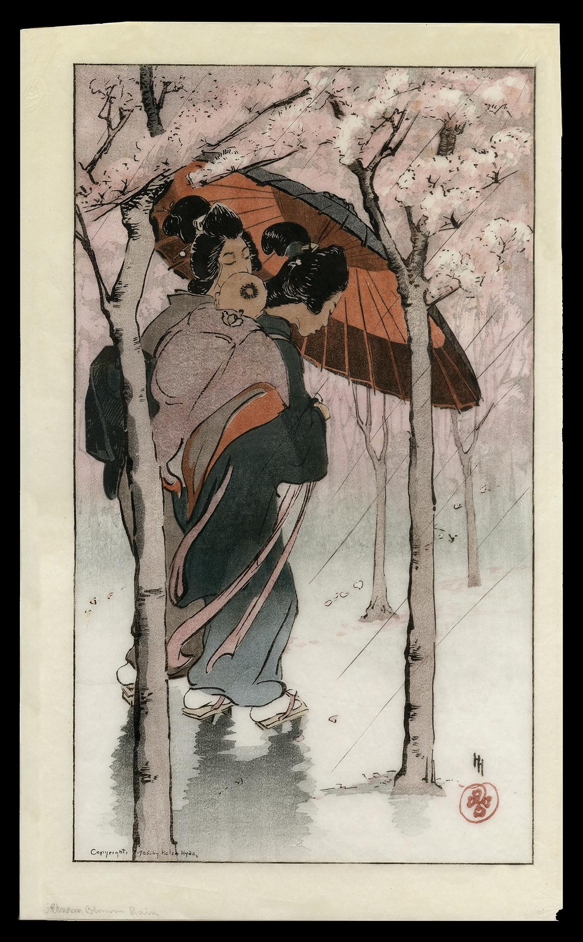 Helen Hyde Woodblock - Cherry Blossom Rain: Artist: Hyde, Helen, 1868-1919 Title: Cherry Blossom Rain Date: 1905 Medium: woodblock Dimensions: 16 5/8 x 9 3/4 inches Illustrated: Hyde, pl. 60
