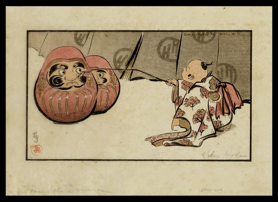 Helen Hyde Woodblock - Teasing the Daruma: Artist: Hyde, Helen, 1868-1919 Title: Teasing the Daruma Date: 1905 Medium: woodblock Dimensions: 5 1/2 x 9 1/4 inches Illustrated: Hyde, pl. 63 Notes: P