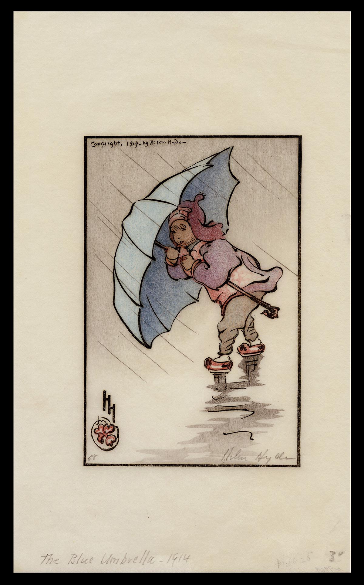Helen Hyde Woodblock - The Blue Umbrella: Artist: Hyde, Helen, 1868-1919 Title: The Blue Umbrella Date: 1914 Medium: woodblock Dimensions: 6 x 4 inches Illustrated: Hyde, pl. 116 Notes: Pencil si