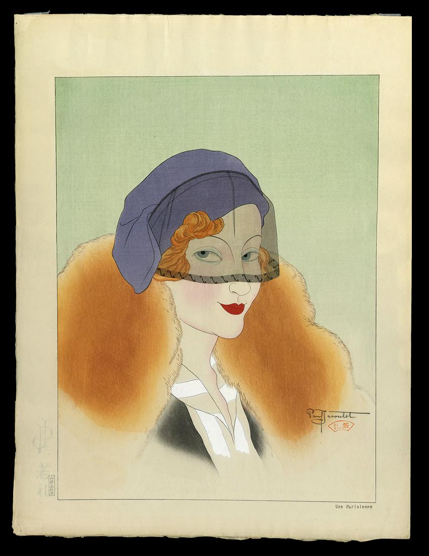 Paul Jacoulet Woodblock - Une Parisienne: Artist: Jacoulet, Paul, 1902-1960 Title: Une Parisienne Edition: 30/150 Date: 1934 Medium: woodblock Dimensions: 15 1/2 x 11 3/4 inches Illustrated: Mile