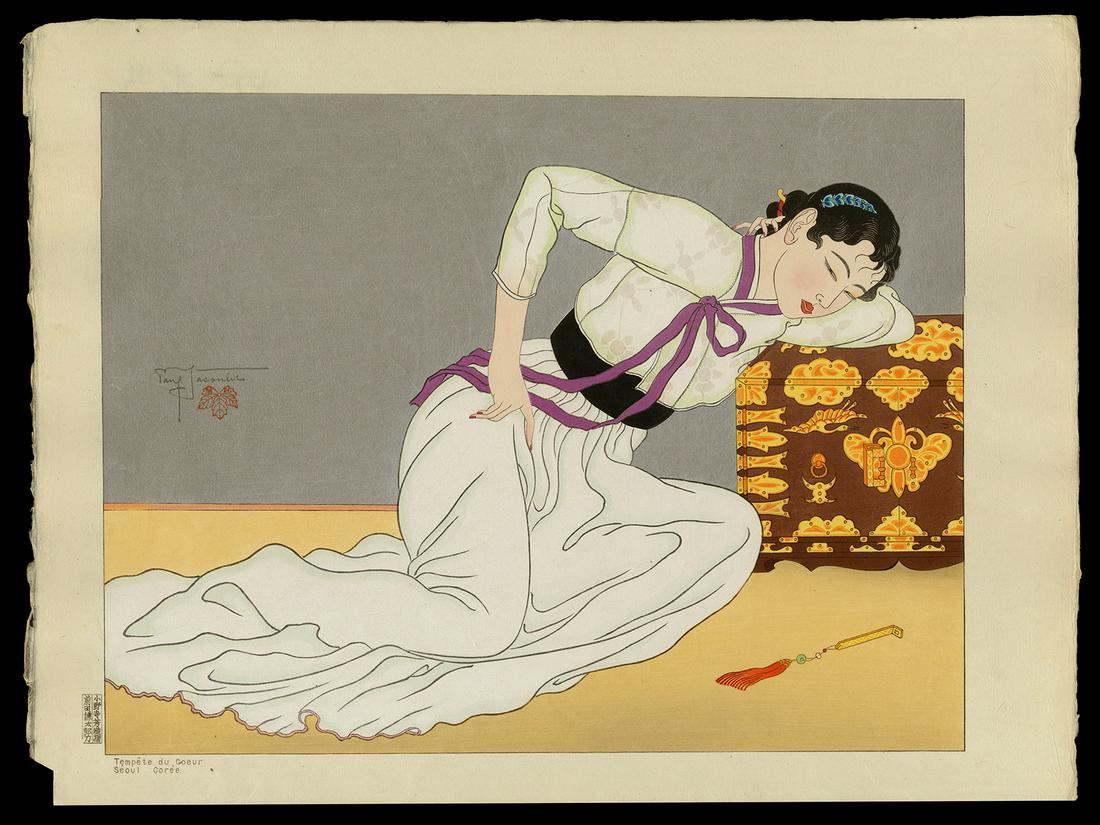 Paul Jacoulet Woodblock - Tempete du Coeur, Seoul: Artist: Jacoulet, Paul, 1902-1960 Title: Tempete du Coeur, Seoul Coree Edition: 37/350 Date: 1948 Medium: woodblock Dimensions: 11 1/2 x 15 1/4 inches Illust
