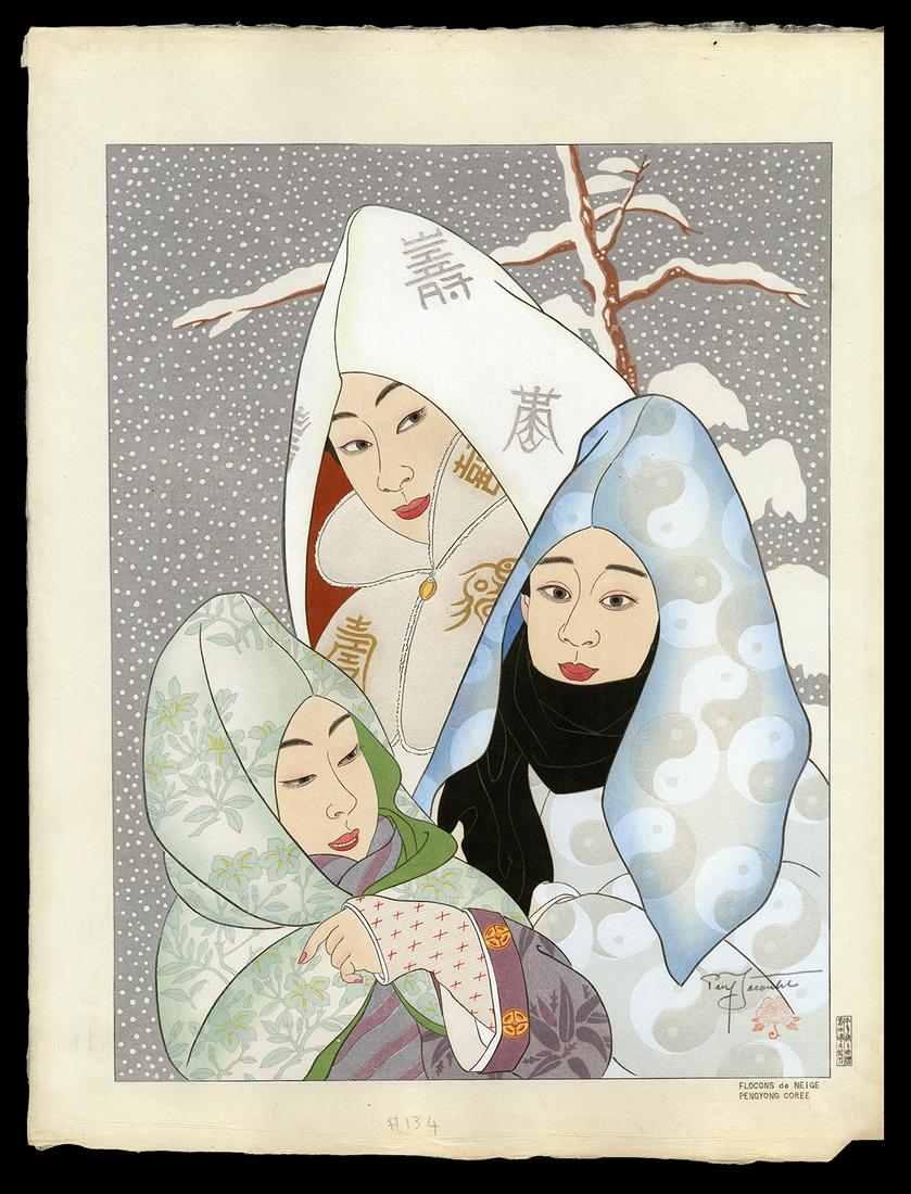 Paul Jacoulet Woodblock - Flocons De Neige, Coree: Artist: Jacoulet, Paul, 1902-1960 Title: Flocons De Neige. Pengyong, Coree Edition: PJ Seal Date: 1956 Medium: woodblock Dimensions: 15 1/8 x 11 7/8 inches I