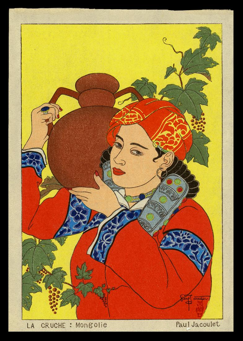 Paul Jacoulet Woodblock - La Cruche, Mongolie Surimono: Artist: Jacoulet, Paul, 1902-1960 Title: La Cruche, Mongolie Surimono Date: undated Medium: woodblock Dimensions: 5 3/4 x 4 inches Illustrated: Miles, pl. 163