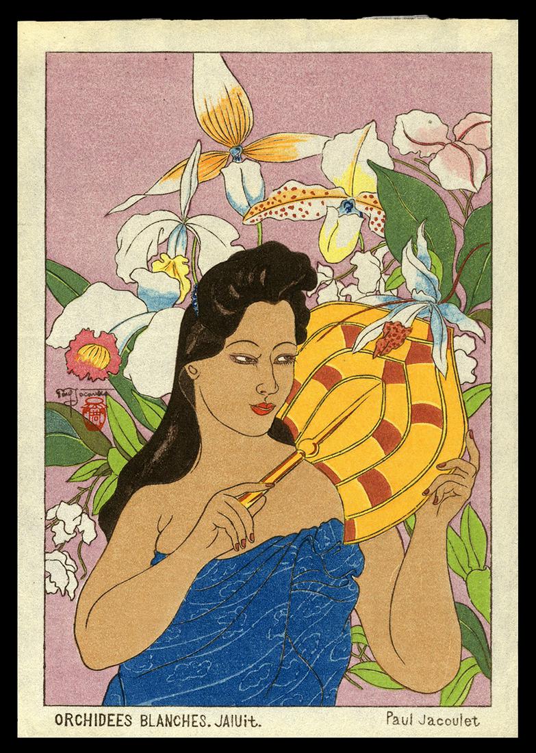 Paul Jacoulet Woodblock - Orchidees Blanches Surimono: Artist: Jacoulet, Paul, 1902-1960 Title: Orchidees Blanches, Jaiuit Surimono Date: undated Medium: woodblock Dimensions: 5 3/8 x 3 3/4 inches Illustrated: Miles, pl. 16