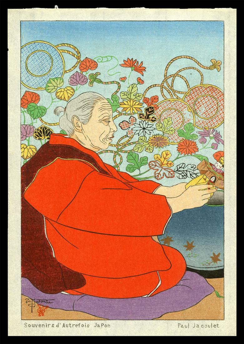 Jacoulet Woodblock - Souvenirs d'Autrefois Surimono: Artist: Jacoulet, Paul, 1902-1960 Title: Souvenirs d'Autrefois Surimono Date: undated Medium: woodblock Dimensions: 5 3/4 x 3 7/8 inches Illustrated: Miles, pl. 5A (78)