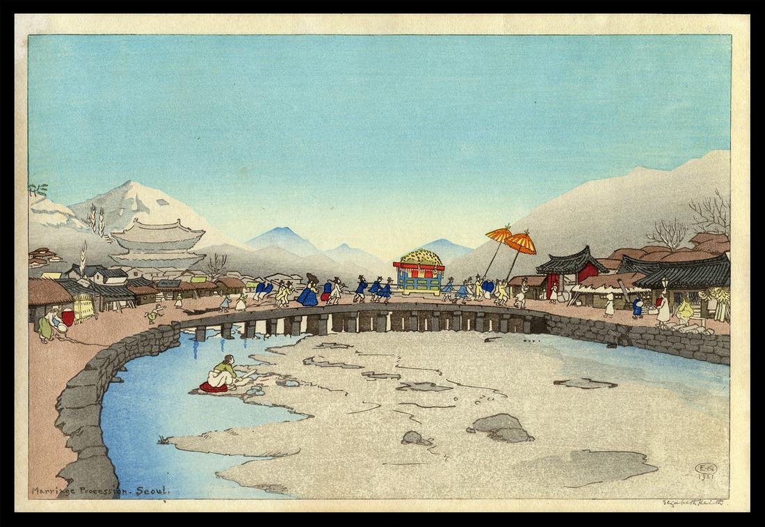 Elizabeth Keith Woodblock - Marriage Procession Seoul: Artist: Keith, Elizabeth, 1887-1956 Title: Marriage Procession, Seoul Date: 1921 Medium: woodblock Dimensions: 9 7/8 x 15 inches Illustrated: Keith, pl. 48 N