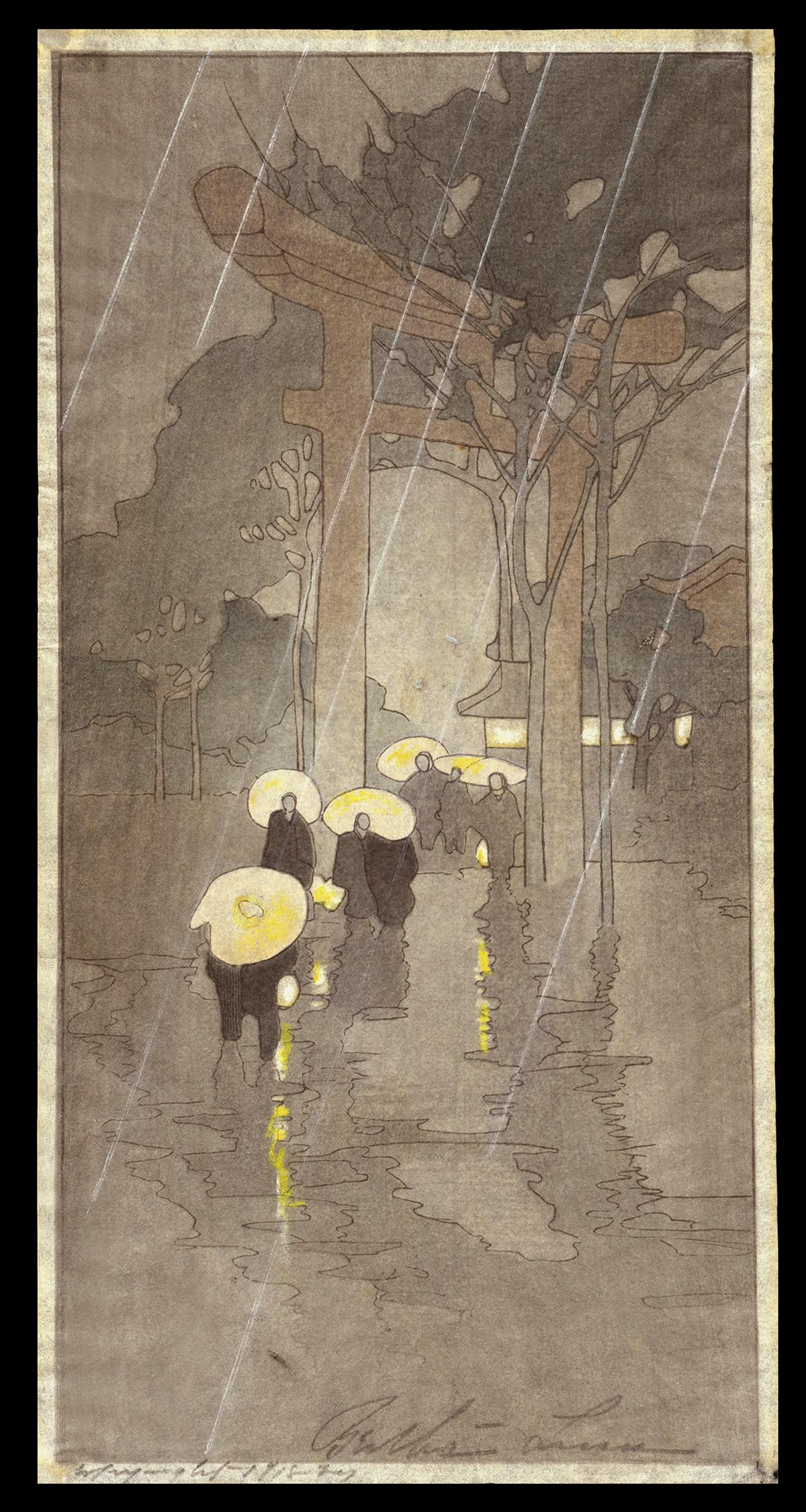 Bertha Lum Woodblock - Temple in Rain: Artist: Lum, Bertha, 1869-1954 Title: Temple in Rain Date: 1918 Medium: woodblock Dimensions: 9 3/4 x 4 7/8 inches Illustrated: Lum, pl. 72 Notes: Pencil