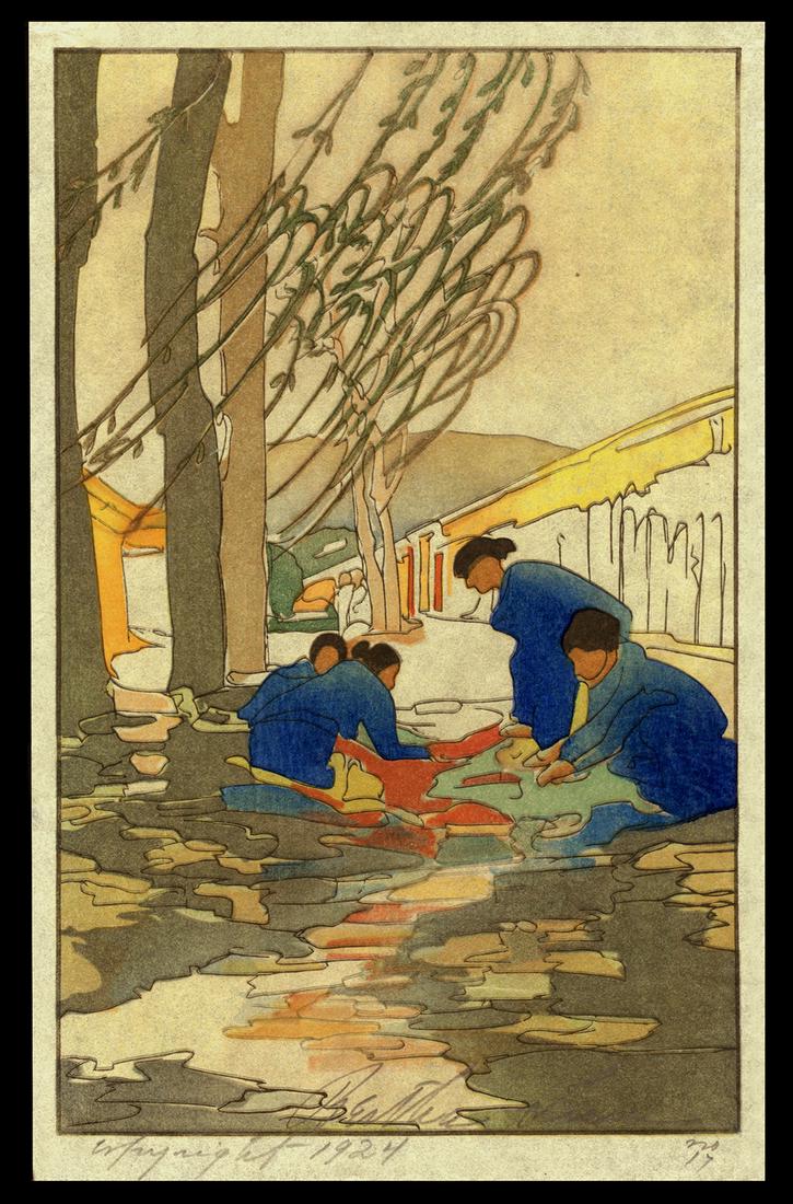 Bertha Lum Woodblock - Washerwomen in the Western Hills: Artist: Lum, Bertha, 1869-1954 Title: Washerwomen in the Western Hills Date: 1924 Medium: woodblock Dimensions: 7 3/4 x 4 3/4 inches Illustrated: Lum, pl. 87