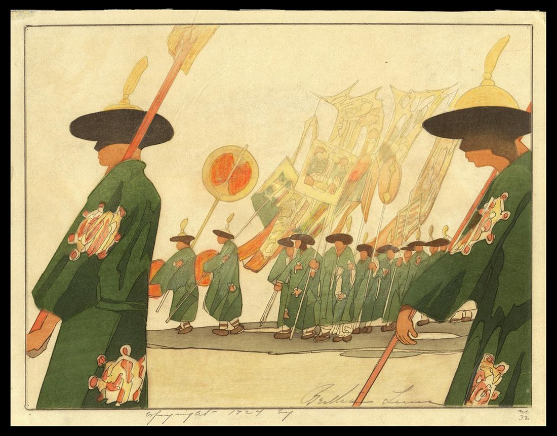 Bertha Lum Woodblock - Wedding Banners: Artist: Lum, Bertha, 1869-1954 Title: Wedding Banners Date: 1924 Medium: woodblock Dimensions: 8 5/8 x 11 3/8 inches Illustrated: Lum, pl. 88 Notes: Hand