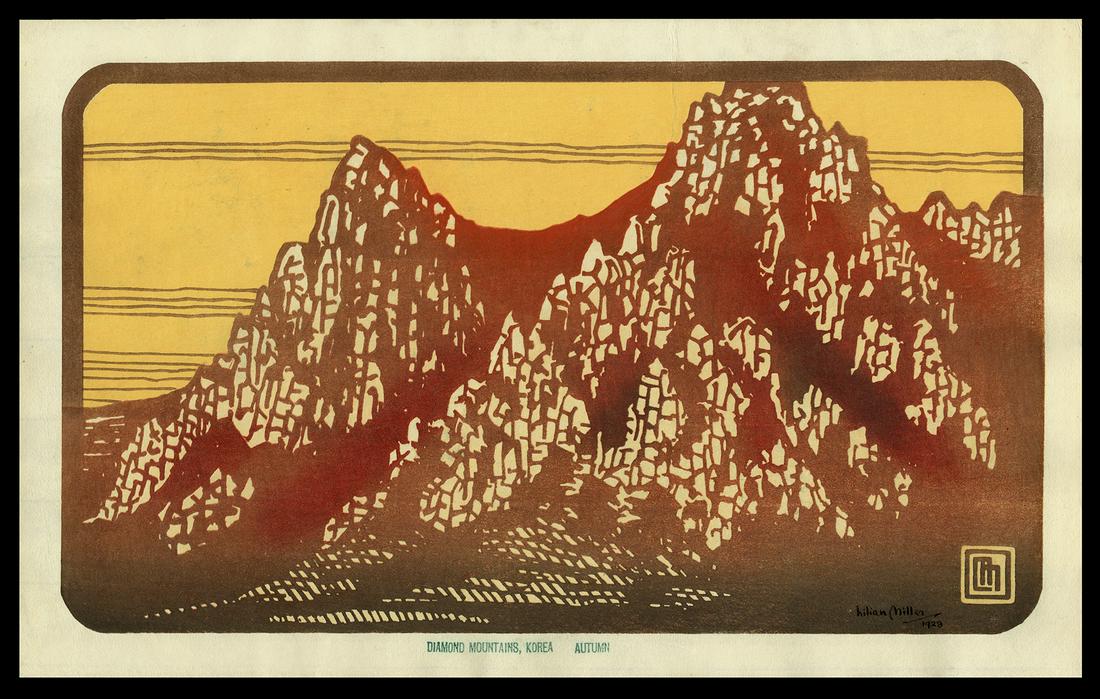 Lilian Miller Woodblock - Diamond Mountains, Autumn: Artist: Miller, Lilian May, 1895-1943 Title: Diamond Mountains, Korea, Autumn Date: 1928 Medium: woodblock Dimensions: 8 1/4 x 14 1/4 inches Illustrated: Miller, fig, 5