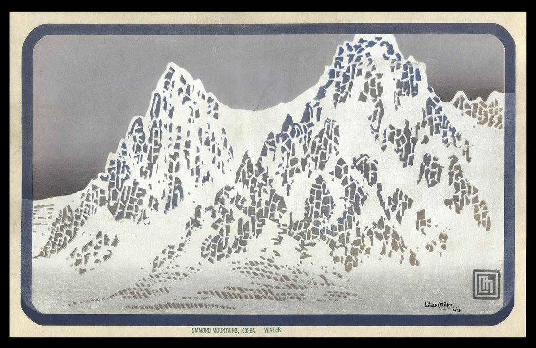 Lilian Miller Woodblock - Diamond Mountains,Winter: Artist: Miller, Lilian May, 1895-1943 Title: Diamond Mountains, Korea, Winter Date: 1928 Medium: woodblock Dimensions: 8 1/2 x 14 inches Illustrated: Miller, fig. 53