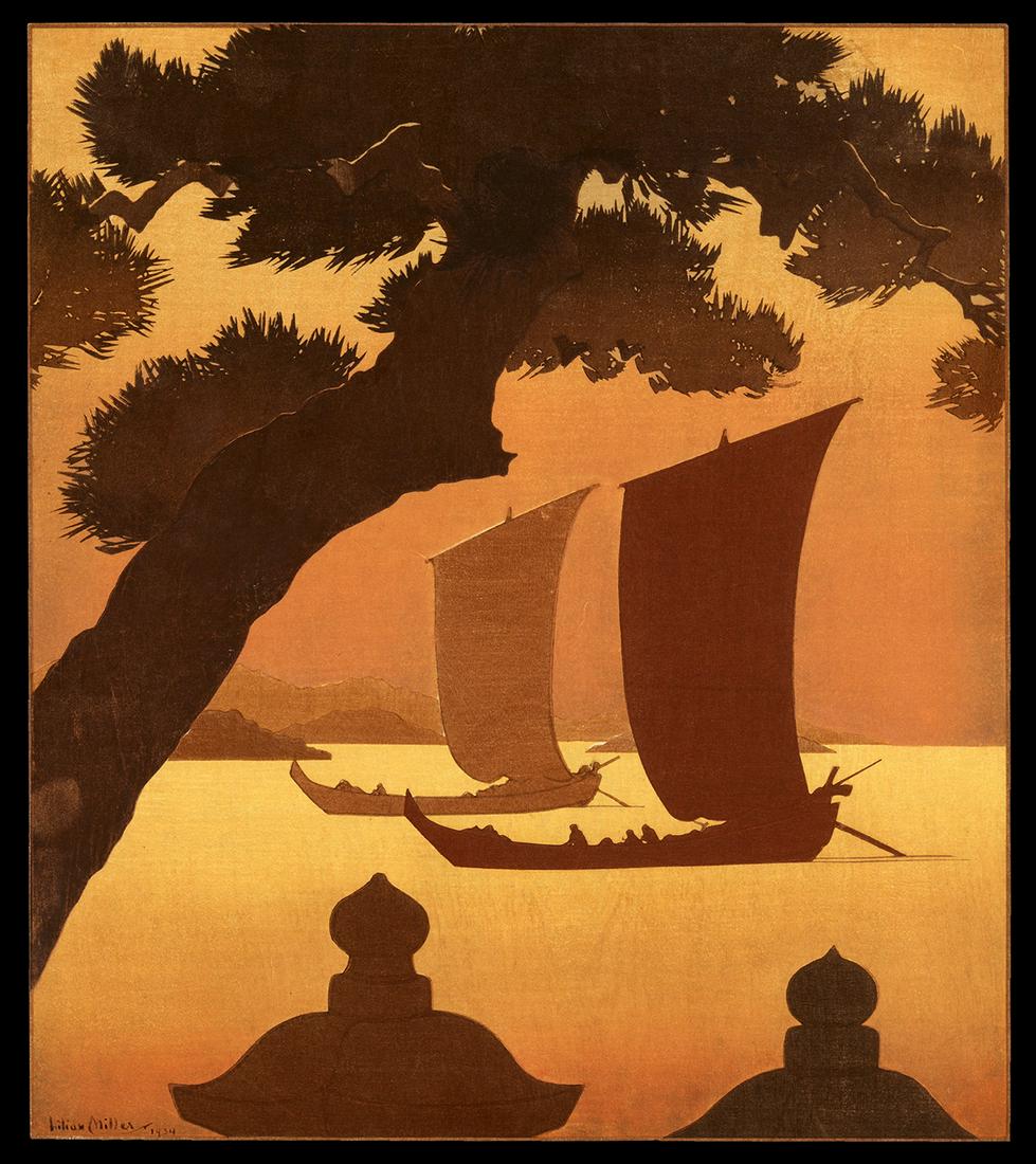 Lilian May Miller Woodblock - Sanpans at Sunset: Artist: Miller, Lilian May, 1895-1943 Title: Sanpans at Sunset Date: 1934 Medium: woodblock Dimensions: 10 5/8 x 9 1/2 inches Illustrated: Miller, fig. 80 No