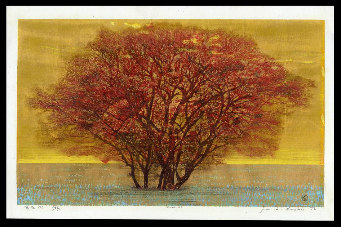 Joichi Hoshi Woodblock - Green Field (B): Artist: Hoshi, Joichi, 1913-1979 Title: Green Field (B) Large (Veldt) Edition: 24/70 Date: 1972 Medium: woodblock Image Size: 21 1/2 x 36 inches Illustrated