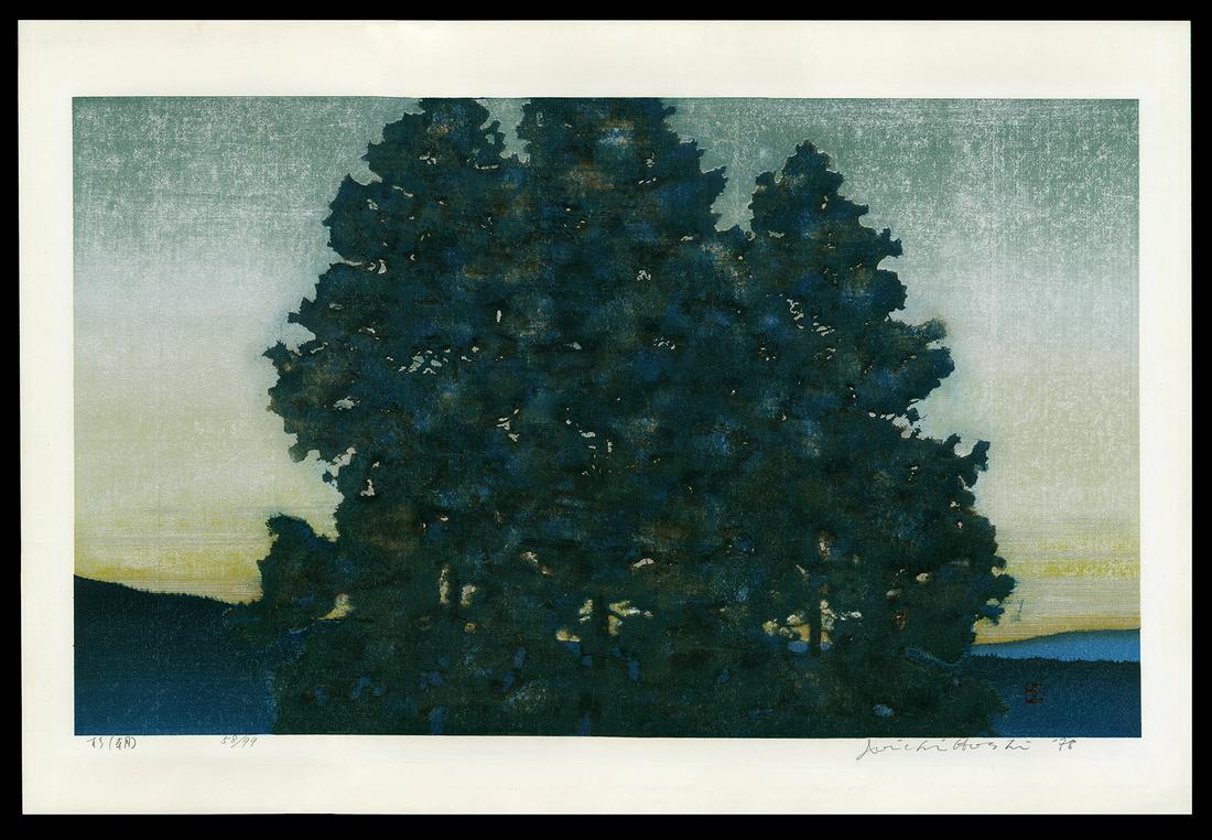 Joichi Hoshi Woodblock - Cedar (Morning): Artist: Hoshi, Joichi, 1913-1979 Title: Cedar (Morning) Edition: 58/99 Date: 1978 Medium: woodblock Image Size: 19 x 31 3/4 inches Illustrated: Hoshi, pl