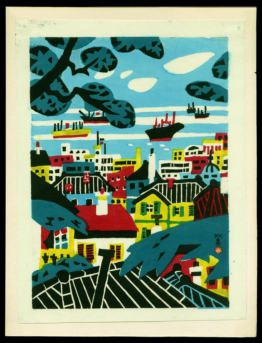 Kawanishi Woodblock - Kobe Harbor Seen from a Distance: Artist: Kawanishi, Hide, 1894-1965 Title: Kobe Harbor Seen from a Distance Date: undated Medium: woodblock Image Size: 12 7/8 x 9 3/8 inches Notes: In a folder with a c