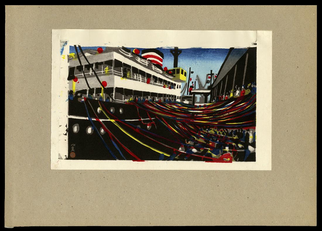 Hide Kawanishi Woodblock - Setting Sail: Artist: Kawanishi, Hide, 1894-1965 Title: Setting Sail Series: One Hundred Views of Kobe Date: 19