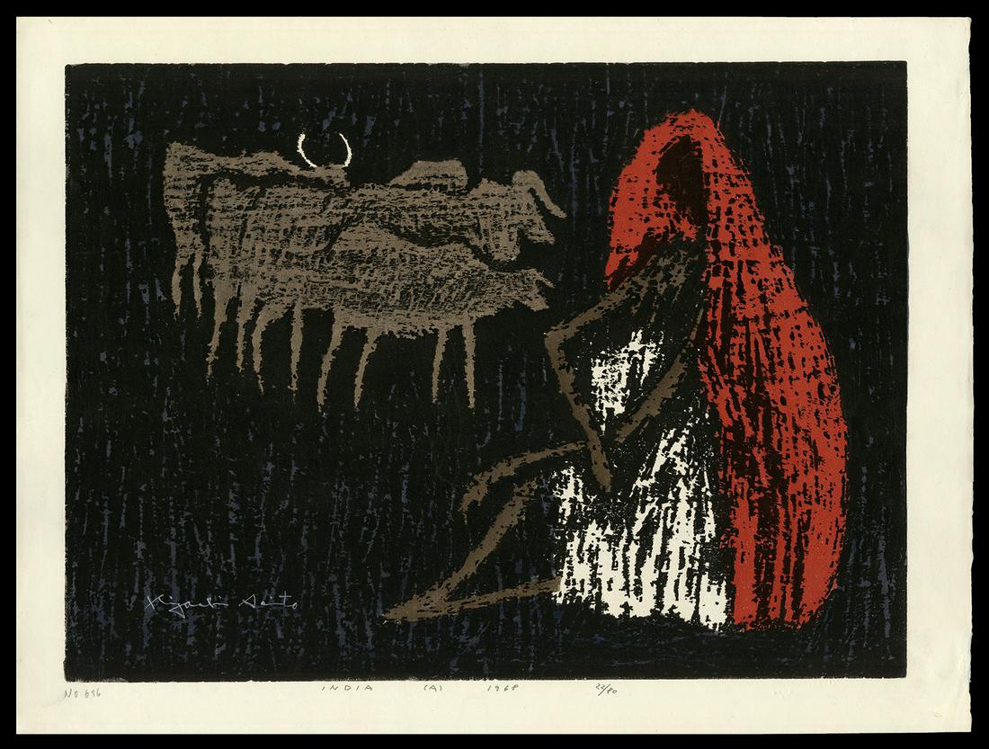 Kiyoshi Saito Woodblock - India (A): Artist: Saito, Kiyoshi, 1907-1997 Title: India (A) Edition: 22/80 Date: 1968 Medium: woodblock Image Size: 15 1/8 x 20 3/4 inches Notes: Mica background;