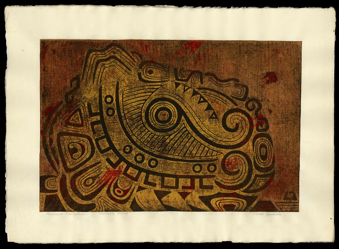 Toshi Yoshida Woodblock - Mexican Sculpture: Artist: Yoshida, Toshi, 1911-1995 Title: Mexican Sculpture Edition: Artist's Proof Date: 1956 Medium: woodblock Image Size: 12 1/8 x 17 3/4 inches Provenance