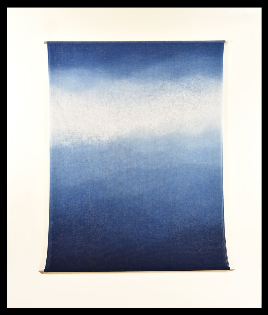 Shihoko Fukumoto Indigo-Dyed Linen - Mountain Shadow 1: Artist: Fukumoto, Shihoko, b.1945 Title: Mountain Shadow 1 Date: 2010 Medium: Indigo-dyed linen Size: 71 x 55 inches Notes: Two-sided; hung with metal tubes at the top