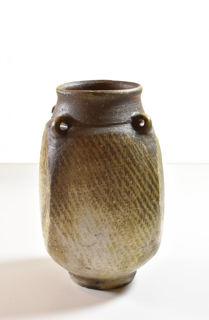 Shimaoka- Stoneware Bottle with Impressed Lines: Artist: Shimaoka, Tatsuzo, 1917-2007 Title: Square Stoneware Bottle with Ash Glaze and Impressed Line Decoration Date: c. 1960 Medium: ceramic Size: 8 3/4 x 5 3/8 x 5 3/8 inches