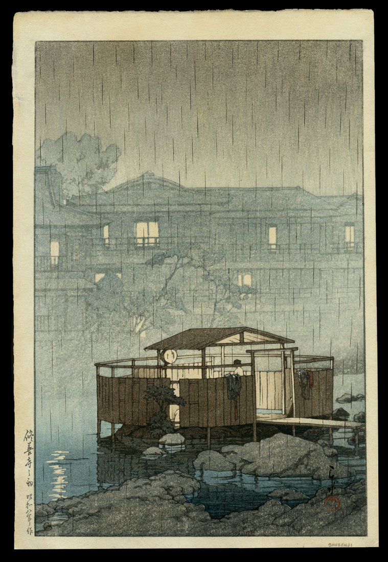 Kawase Hasui Woodblock - Rain at Shuzenji: Artist: Hasui, Kawase, 1883-1957 Title: Rain at Shuzenji Date: 1933 Medium: Japanese woodblock print Image Size: 14 1/8 x 9 1/2 inches Illustrated: Hasui, pl. 341