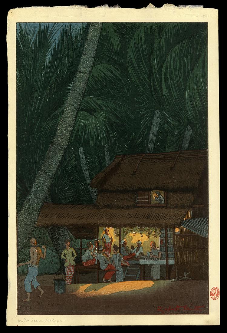 Elizabeth Keith Woodblock - Night Scene, Malacca (1 of 2)