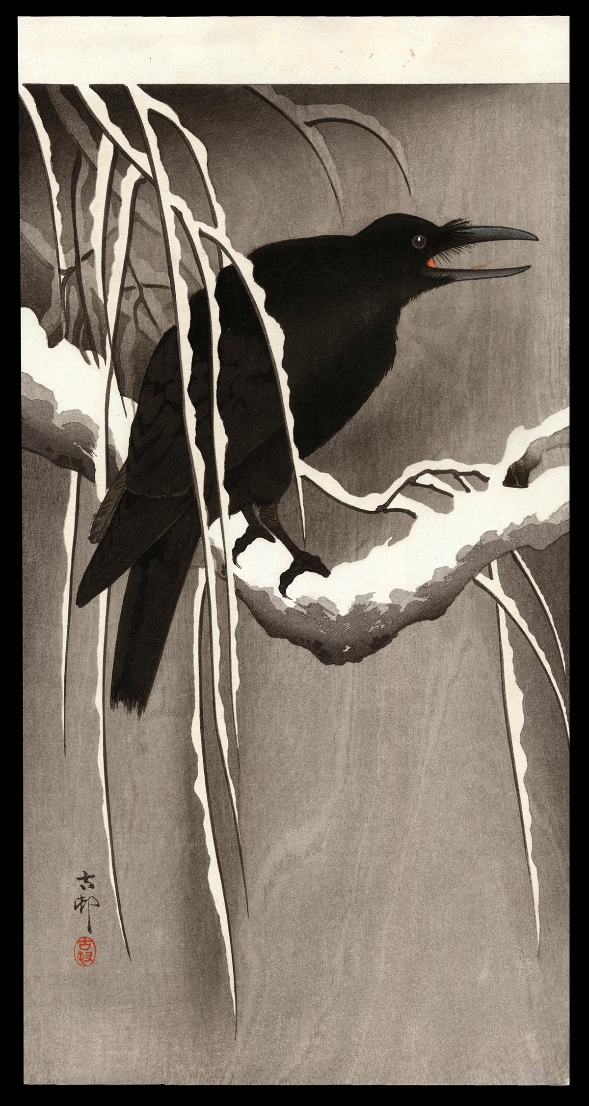 Ohara Koson Woodblock - Crow on a Snowy Bough (1 of 2)