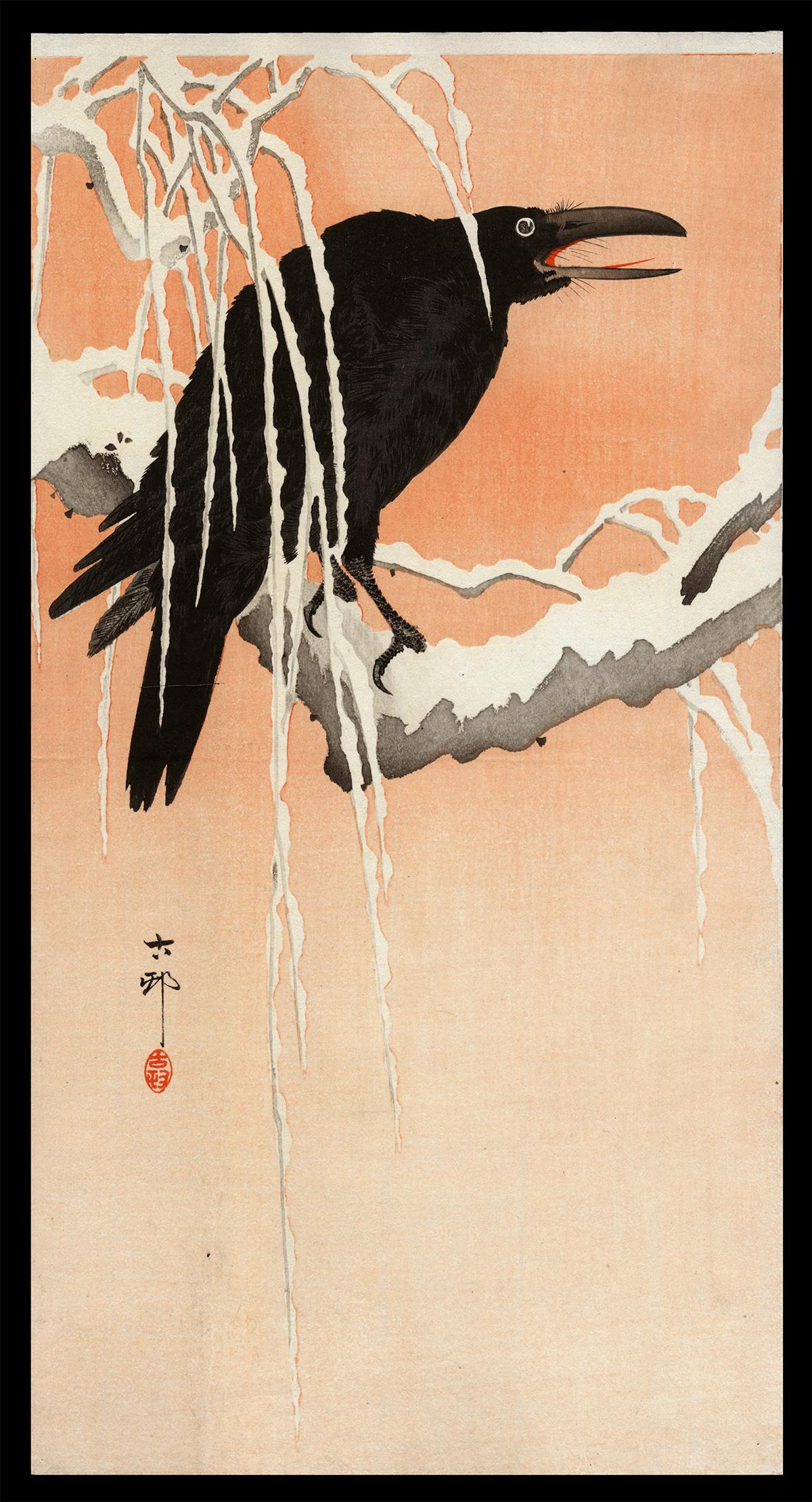 Ohara Koson Woodblock - Crow on a Snowy Bough: Artist: Koson, Ohara, 1877-1945 Title: Crow on a Snowy Bough Date: c. 1910 Medium: Japanese woodblock print Image Size: 13 7/8 x 7 1/4 inches Illustrated: CCC, pl. K5.6