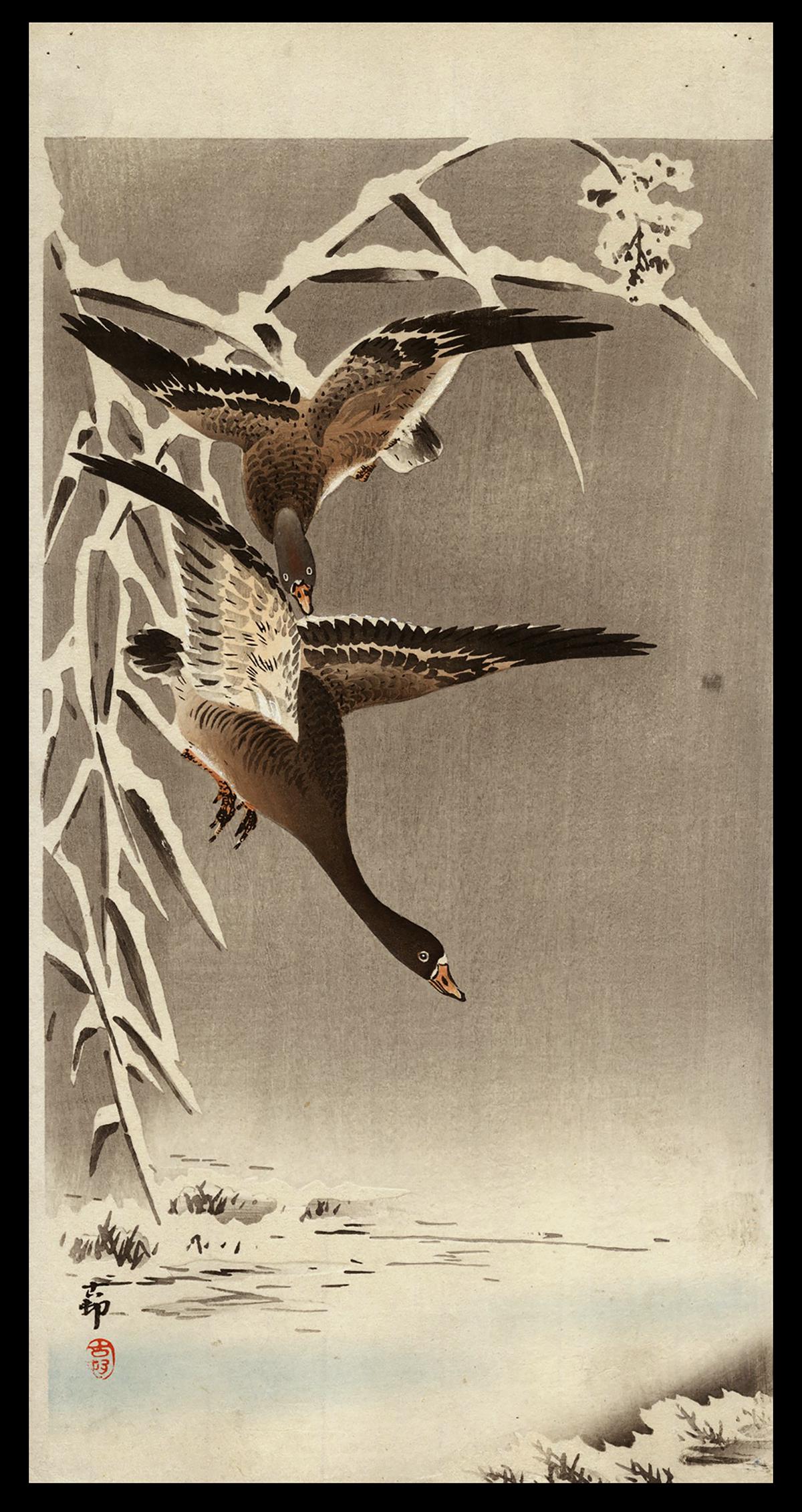 Ohara Koson Woodblock - Geese in the Snow: Artist: Koson, Ohara, 1877-1945 Title: Geese in the Snow Date: c. 1910 Medium: Japanese woodblock print Image Size: 13 5/8 x 7 1/4 inches Illustrated: CCC, pl. K11.11
