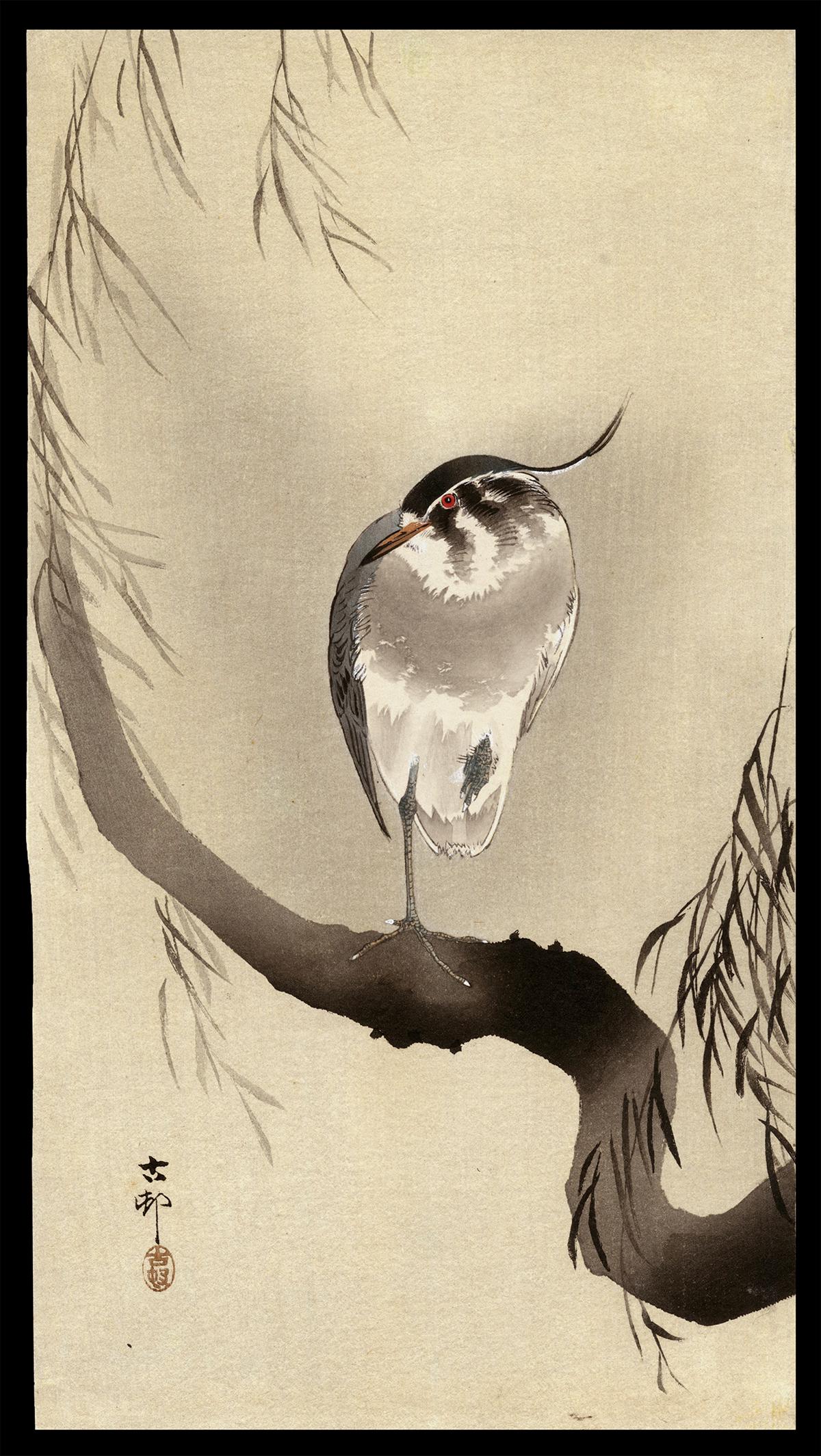 Ohara Koson Woodblock -Lapwing on a Willow Branch: Artist: Koson, Ohara, 1877-1945 Title: Northern Lapwing on the Branch of a Willow Tree Date: c. 1910 Medium: Japanese woodblock print Image Size: 13 1/2 x 7 1/4 inches Illu