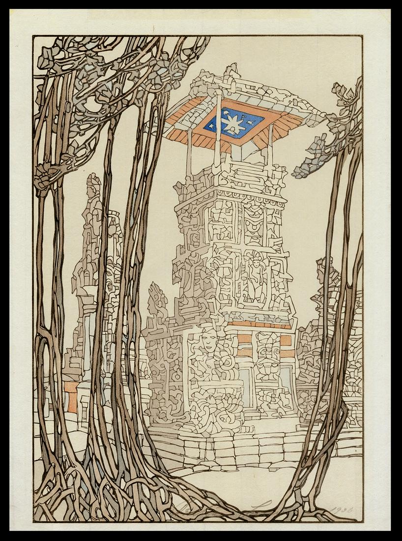 Bertha Lum Woodblock - Roadside Shrine, Bali (1 of 2)