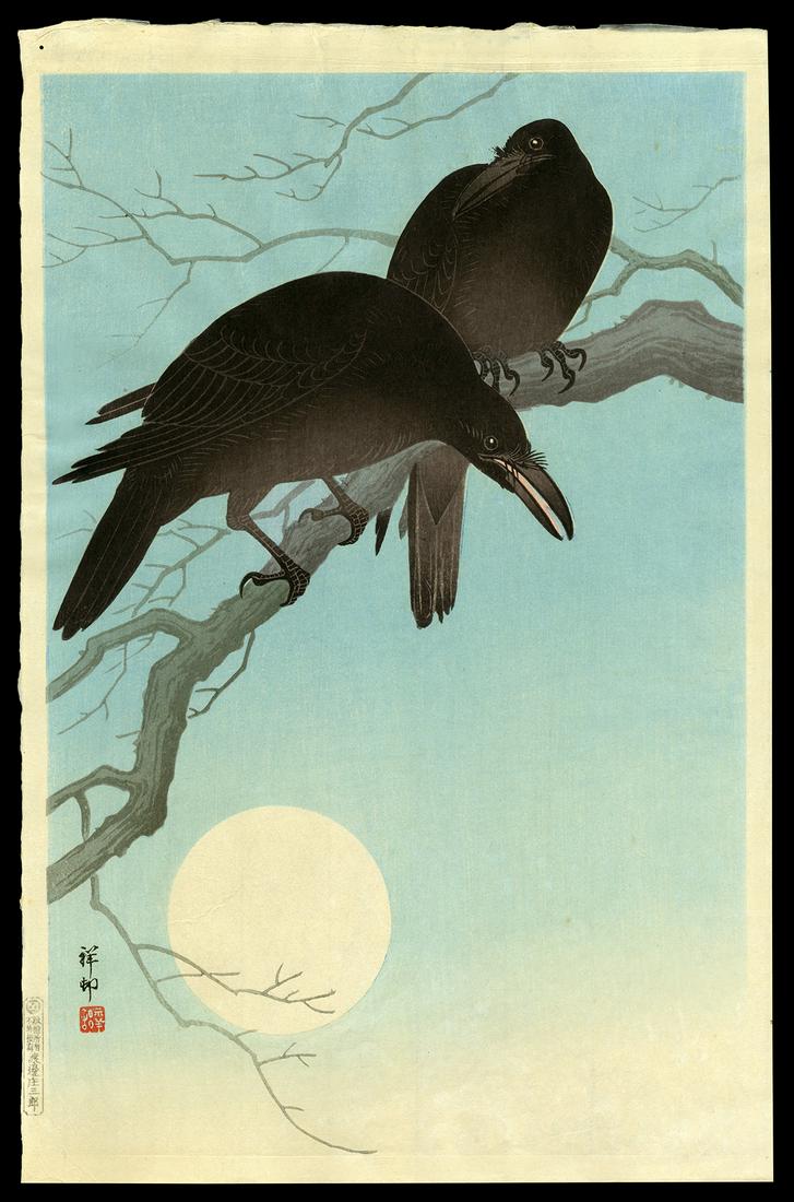 Ohara Shoson Woodblock - Crows in Moonlight (1 of 2)